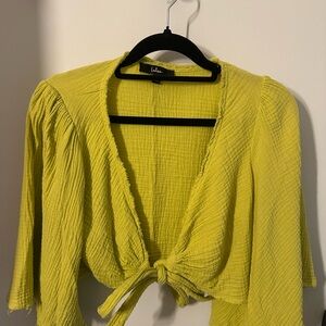 Lulu's Bright Yellow Tie-Front Puff Sleeve Crop Top and Shorts Set